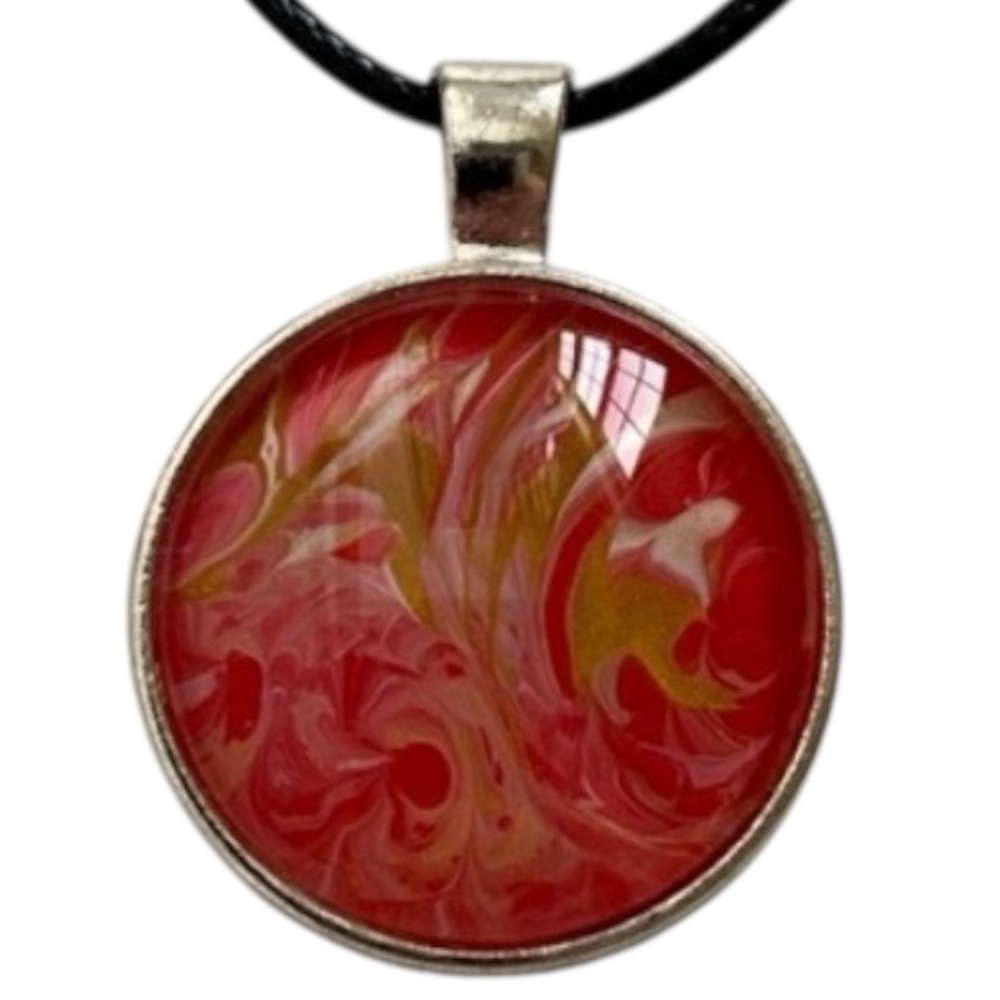 Hand Crafted Necklace by Svetlana Yeung Pink Gold and Red Fluid Art Pendant